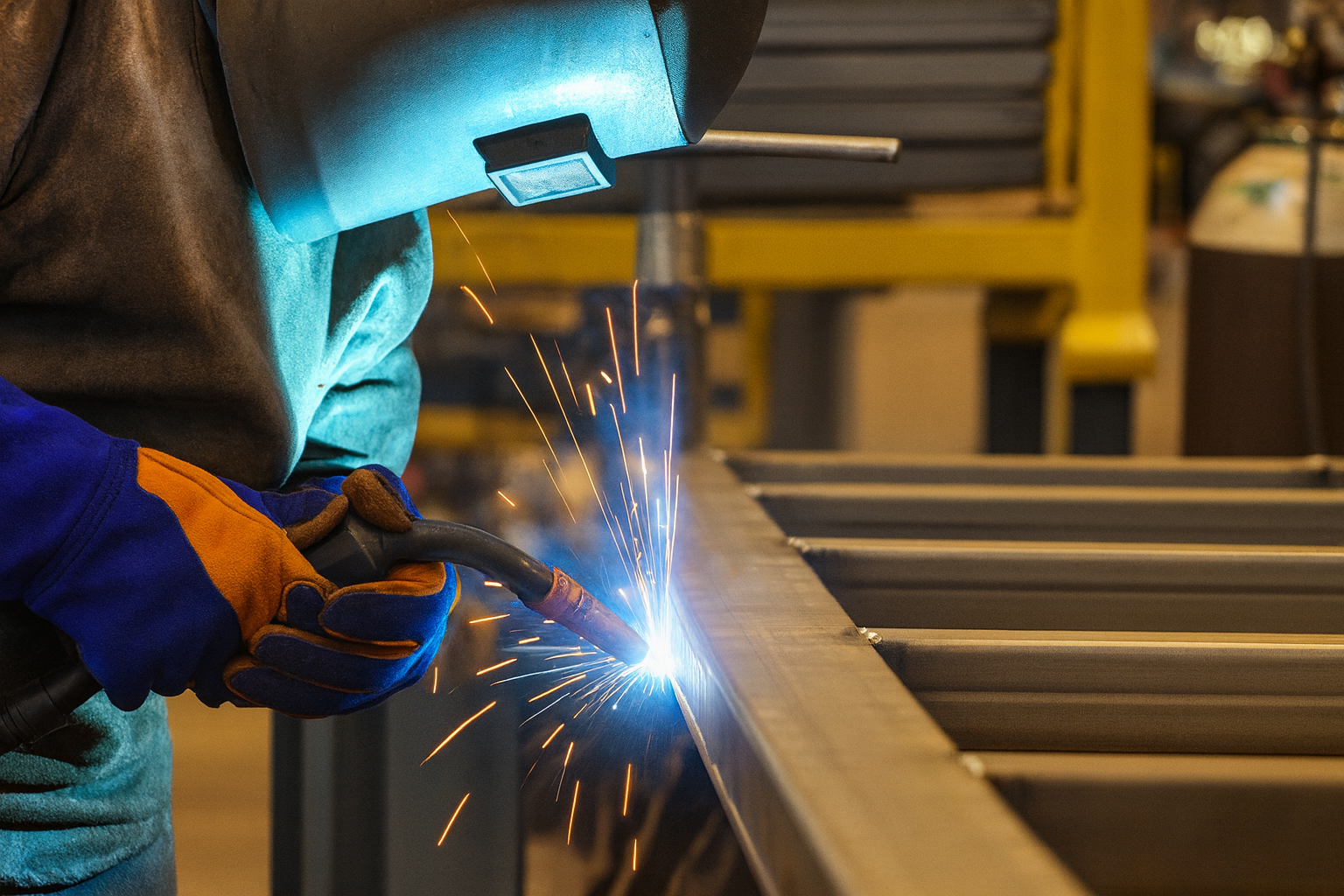 Soldador industrial trabalhando com precisão